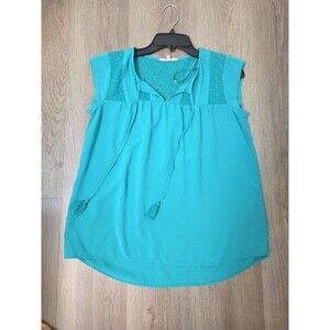 My Danielle Turquoise Lace Yoke Rayon Blouse Top Size S – Tassel Tie, Cap Sleeve